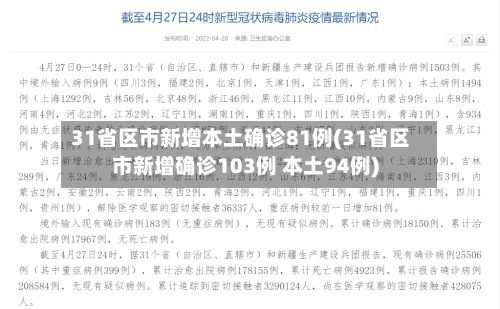 31省区市新增本土确诊81例(31省区市新增确诊103例 本土94例)